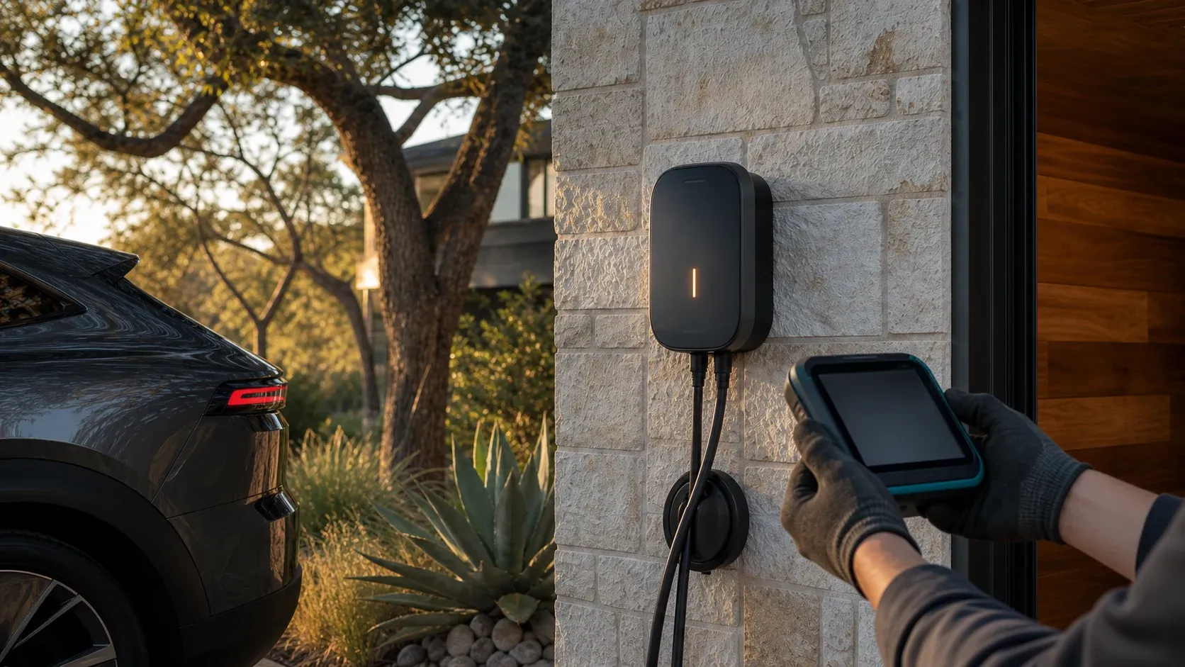 A residential garage prepared for an EV charger assessment