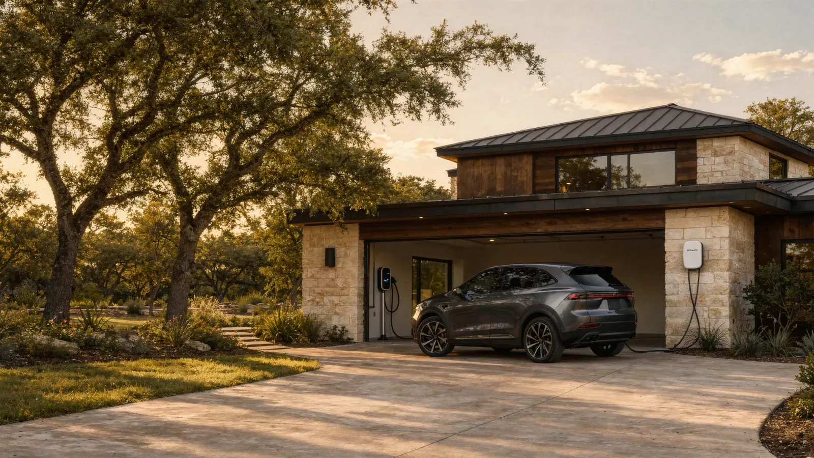 A contemporary Central Texas home with an electric vehicle in the driveway