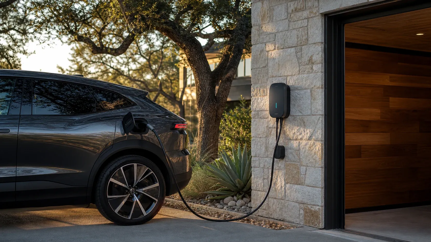 An electric vehicle at a contemporary Central Texas home