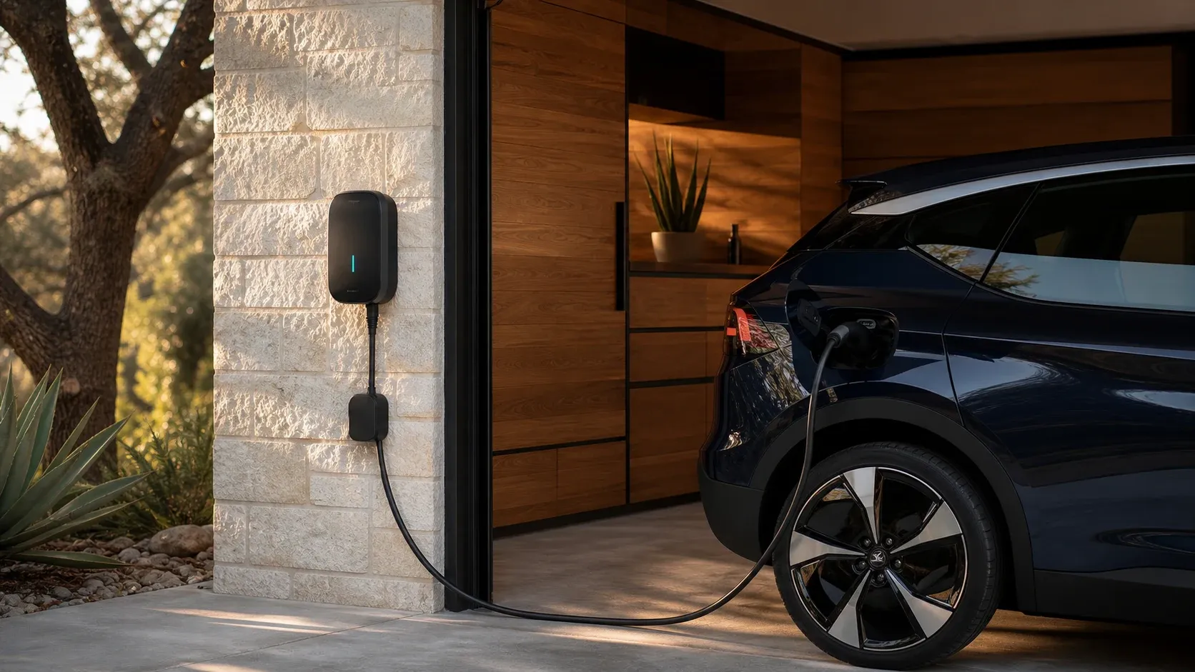 A home electric vehicle connected to Level 2 charging equipment