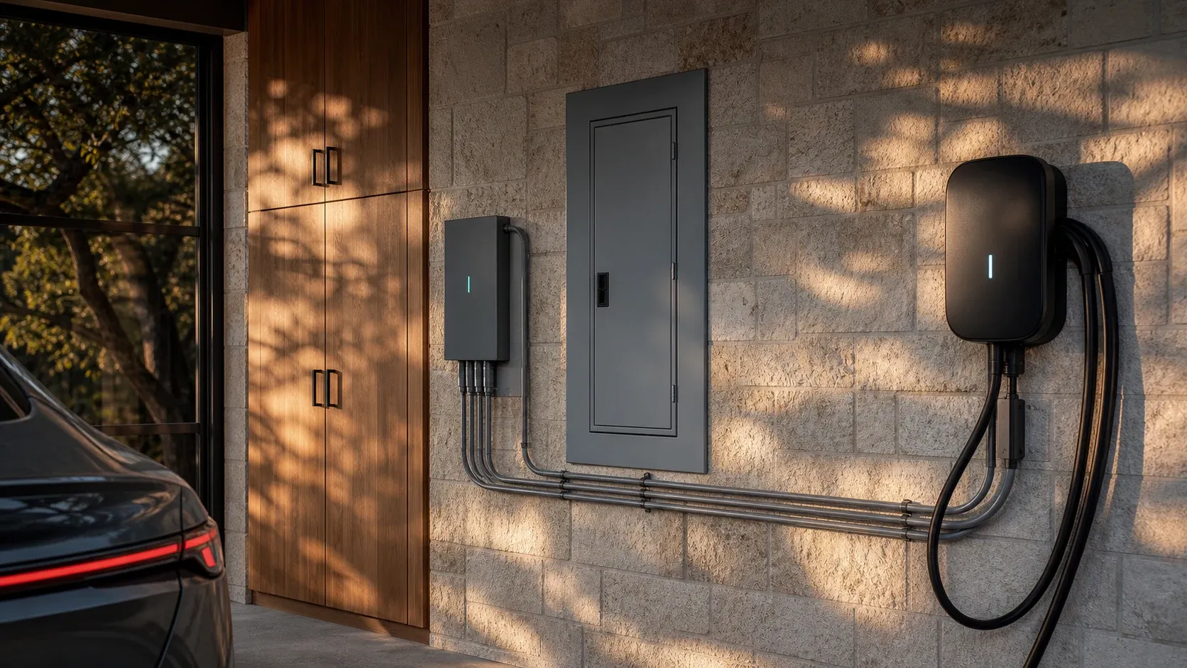 A cutaway of the electrical path between a home panel and EV charger