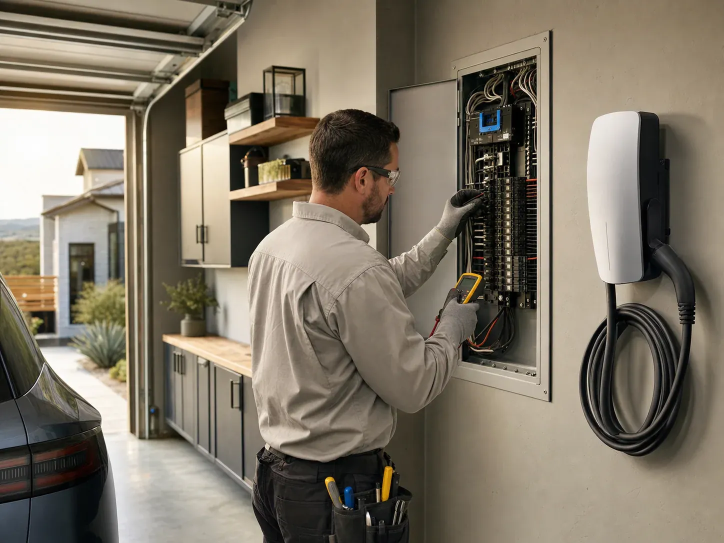 An electrician assessing a residential electrical panel beside a home EV charger in Central Texas